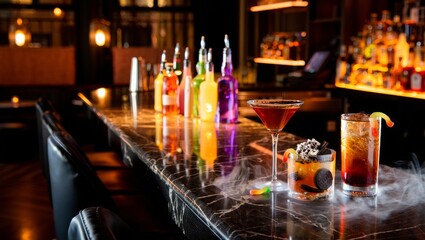 Vibrant cocktail mixology night upscale bar beverage showcase urban setting close-up view creative bartending concepts