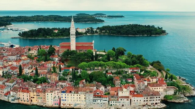 Aerial panorama of Croatian landmark, old town Rovinj and the cathedral of St. Euphemia, Istria, Croatia.