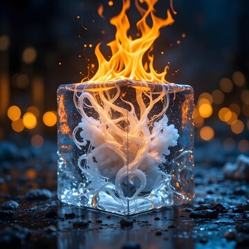 Burning Tree Roots Trapped Inside Ice Cube Mystical Surreal Fantasy Art Concept