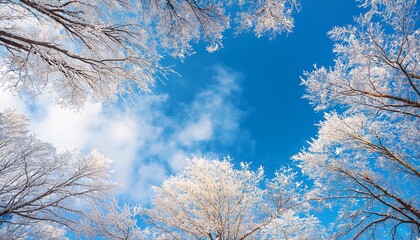Treetops Branches In Frost Snow Against A Blue Sky With Clouds On A Sunny Frosty Day Beautiful Winter Background With A Copy Of The Space