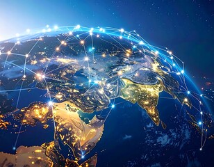 Illuminated Earth at night, overlaid with a glowing network