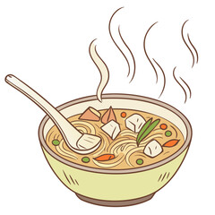  Hand-drawn noodle soup with tofu and vegetables, steaming bowl and spoon in cozy minimalist food illustration
