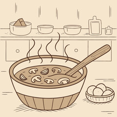  Traditional Wooden Bowl Mushroom Soup Kitchen Scene Lineart Vector​