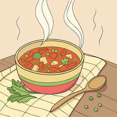 Hand-drawn vegetable soup illustration with steam, chunky cubes and peas in striped bowl on tea towel, cozy kitchen art