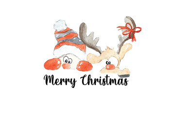 (gnome with reindeer) Watercolor Cute Christmas Gnome hugging a Reindeer 