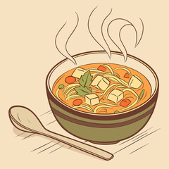  Hand-drawn noodle soup with tofu and vegetables, steaming bowl with spoon on rustic table, cozy Asian comfort food art