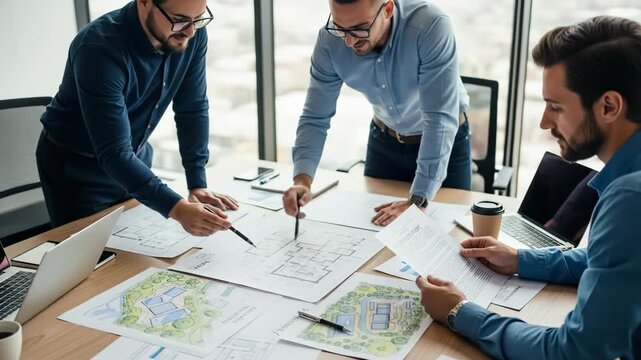 Three men in a brightly lit office collaborate, examining blueprints, papers, and using a laptop, a coffee cup is nearby