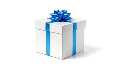 White Gift Box with Blue Ribbon and Bow Isolated on White Background.
