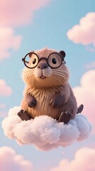 cute capybara wearing round glasses sitting on a floating cloud in a pastel sky playful whimsical style composition 9_16.