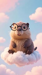 cute capybara wearing round glasses sitting on a floating cloud in a pastel sky playful whimsical style composition 9_16.