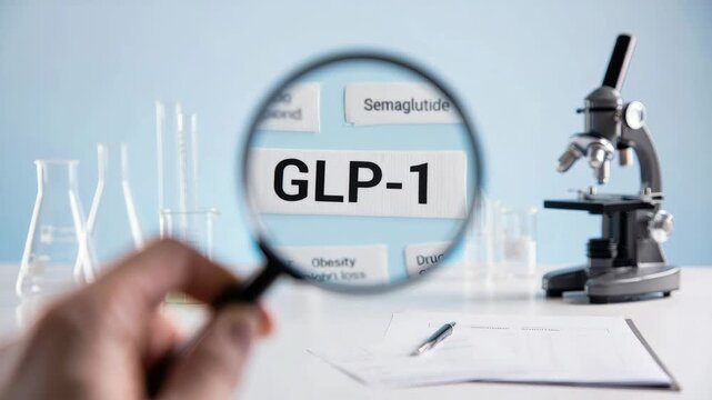 GLP-1 focus with magnifying glass, semaglutide research, biotechnology lab, obesity treatment, microscope and beakers, drug development, scientific investigation, weight loss study