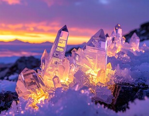 Illuminated quartz crystals with snow against a sunset backdrop