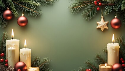 Warm christmas ambiance festive scene with candles pine needles and ornaments