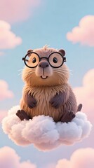 cute capybara wearing round glasses sitting on a floating cloud in a pastel sky playful whimsical style composition 9_16.