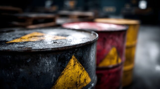 Industrial metal drums marked with yellow hazard warning symbols stand in a dark textured storage area conveying a sense of caution