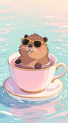cute capybara wearing sunglasses floating in a giant teacup on pastel water whimsical illustration composition 9_16 vertical