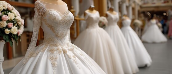 Elegant wedding dresses displayed in a bridal boutique with beautiful decorations and soft lighting