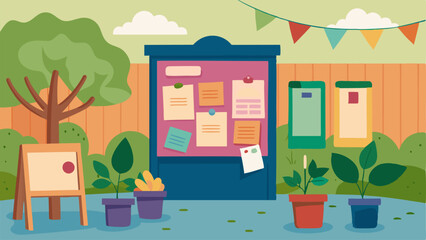 A bulletin board near the entrance is covered in flyers and announcements for upcoming events and activities in the community garden.