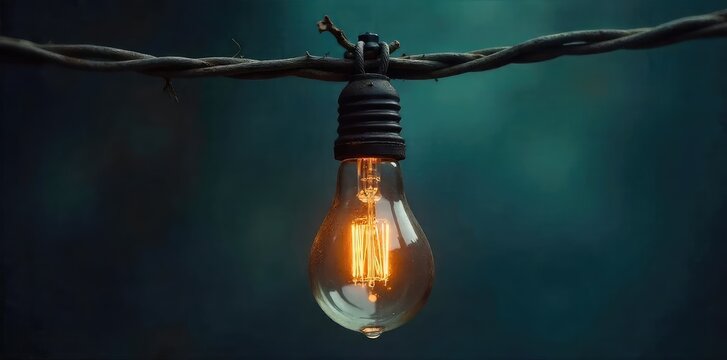A close-up shot of a bare lightbulb hanging from a frayed wire, electricity not connected, depicting a sense of disconnection and lack of power , wire, shadow