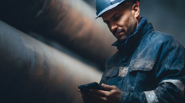 An industrial worker wearing a hard hat and protective jacket uses a smartphone while inspecting large pipes in a factory setting