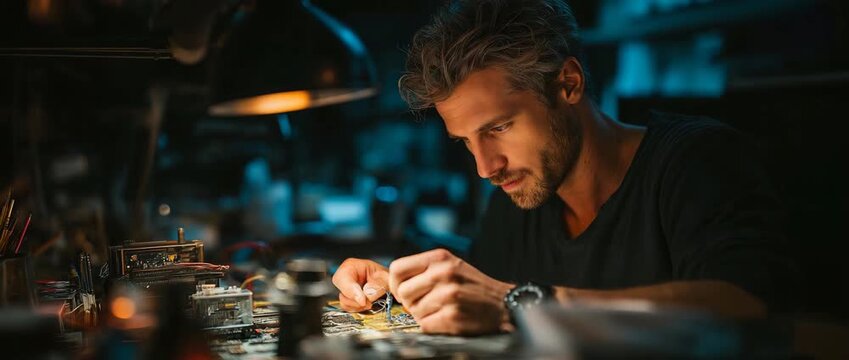 In a digital forensics lab dedicated to cybercrime investigations, a proficient technician examines electronic devices for evidence.