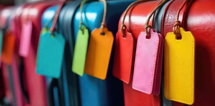 A close-up shot of colorful luggage tags attached to a variety of suitcases, highlighting different shapes, sizes, and styles of luggage labels , travel essentials, leather, vacation