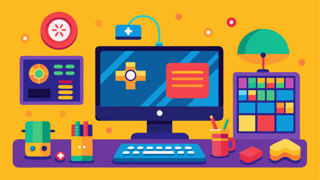 A colorful and interactive computer station for educational games and activities.