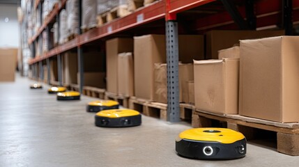 Automated delivery robots moving along a warehouse aisle to transport goods during a busy workday in an efficient logistics environment
