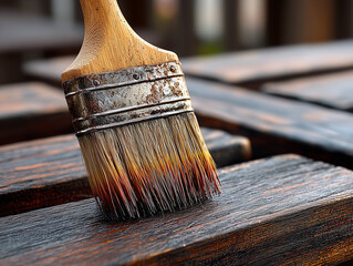 Pędzel nakłada brązową bejcę na drewniane deski. Renowacja mebli ogrodowych lub tarasu. Bliskie ujęcie.