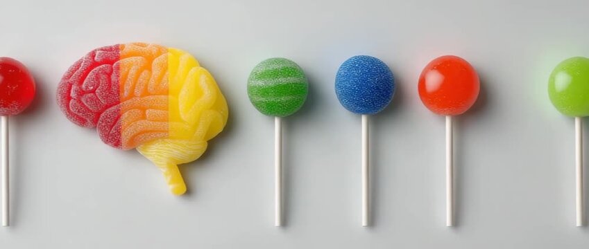 The idea of sugar dependency and its impact on cognitive processes is symbolized by colorful candies stacked in the shape of a brain on a white backdrop.