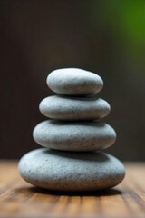 Close-up of a precisely balanced stack of smooth, grey stones on a wooden surface, illustrating perfect equilibrium and harmony , scene, rocks, grey