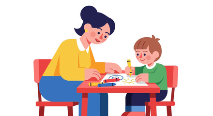 A Teacher Guides a Young Student During Creative Drawing Activities, Sharing Knowledge