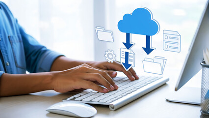Man using computer with cloud technology and data transfer concept, businessman working on laptop with cloud storage system