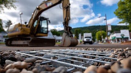 Heavy machinery works on road construction near a small town as workers prepare to upgrade infrastructure and improve public access