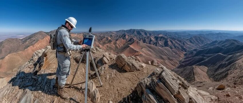 A geophysicist locating iron-rich mineral resources for mining exploration by using a magnetometer equipment over rough terrain.