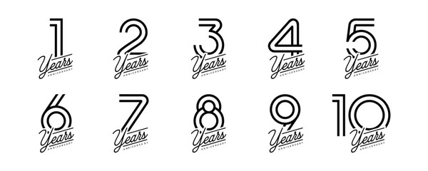 Set of vector logo designs for 1st to 10th anniversary, in black color for celebrations, weddings and birthdays