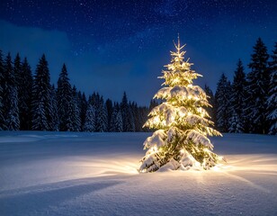 Illuminated tree in snow with starry sky background