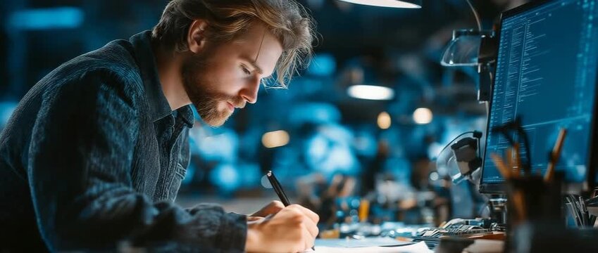 In a digital forensics lab dedicated to cybercrime investigations, a proficient technician examines electronic devices for evidence.