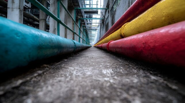 Parallel lines of brightly colored industrial pipes extend down a concrete walkway in a manufacturing facility