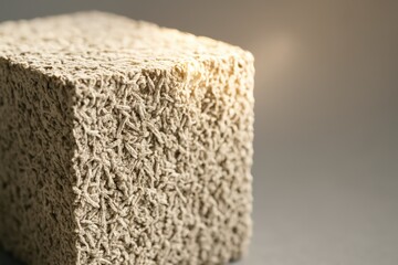 Close-up photograph of a hempcrete block under warm directional lighting, highlighting its fibrous organic texture and eco-friendly construction material structure