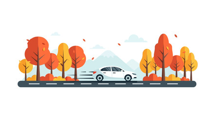 A dynamic flat design illustration of a car traveling on an autumn road surrounded by colorful trees, symbolizing the journey home for Thanksgiving. 