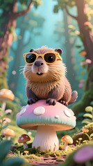 cute capybara wearing sunglasses perched on a pastel mushroom in a whimsical forest vertical composition fun wallpaper