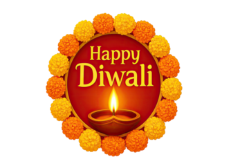 Happy Diwali greeting background with glowing diya lamp and vibrant marigold flower garland for festive celebration design isolated on white background