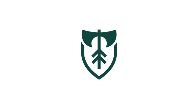 Minimalist shield icon featuring a stylized axe and tree symbol, representing forest, nature, outdoor activities, protection, and sustainability