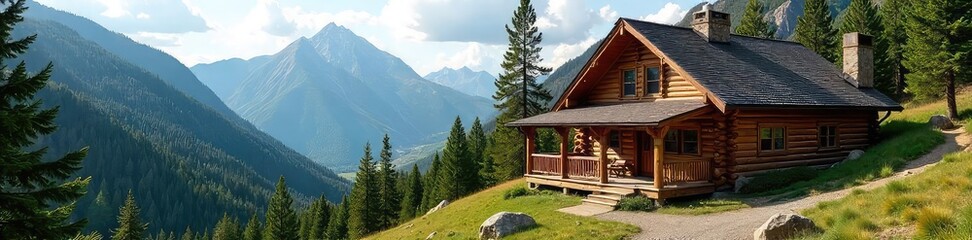 Rustic log cabin lodge nestled amidst towering pines, offering a tranquil escape with stunning mountain views Perfect for a relaxing getaway , forest, harmony, comfort