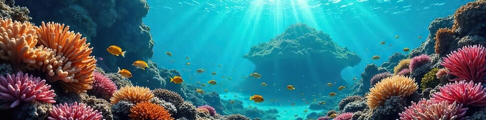 Obraz premium Vibrant Coral Reef Paradise Colorful Tropical Fish Swim Amidst Lush Island Vegetation