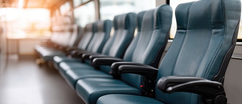 Quiet bus interior showing empty blue seats in the late afternoon light, highlighting the serene atmosphere of public transport during less busy hours