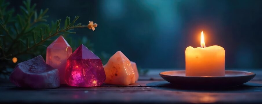 Serene candlelight illuminates crystals and spiritual objects during a calming nighttime meditation session Perfect for relaxation, mindfulness, and spiritual wellness themes , Buddhism, new age - Powered by Adobe