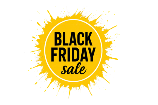 Bold yellow black friday sale splash design with modern typography and paint burst effect for marketing promotion isolated on white background