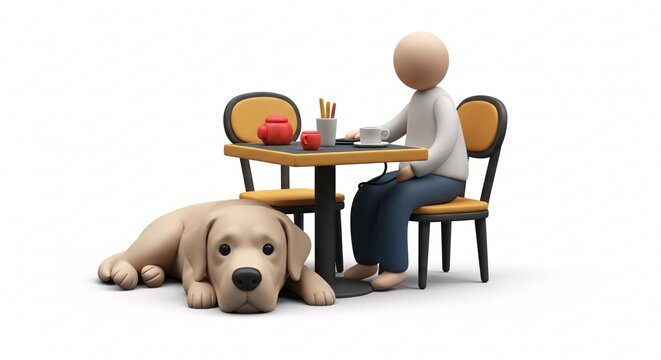 A charming clay toy figure of a person enjoying coffee with their loyal pet dog at a table, a concept of companionship isolated on white background